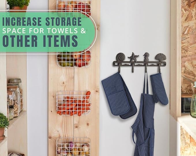 Comfify Rust Brown Seashell Cast Iron Wall Hook Rack – 4 Hooks, 13.5" | Rust Brown; 2 seashells + starfish + seahorse; 4"H x 13.5"L; cast iron; includes screws and anchors; coastal decor