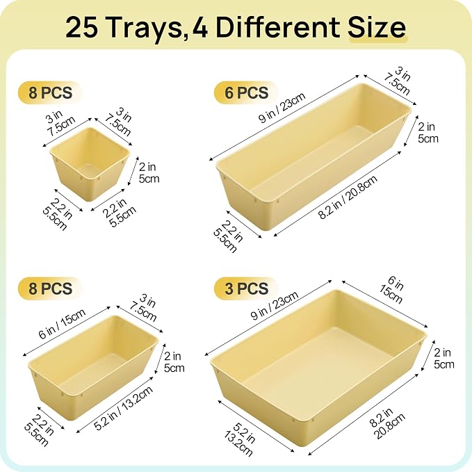 Vtopmart 25 PCS Plastic Drawer Organizers Set, 4-Size Versatile Bathroom and Vanity Drawer Organizer Trays, Storage Bins for Makeup, Bedroom, Kitchen Gadgets Utensils and Office