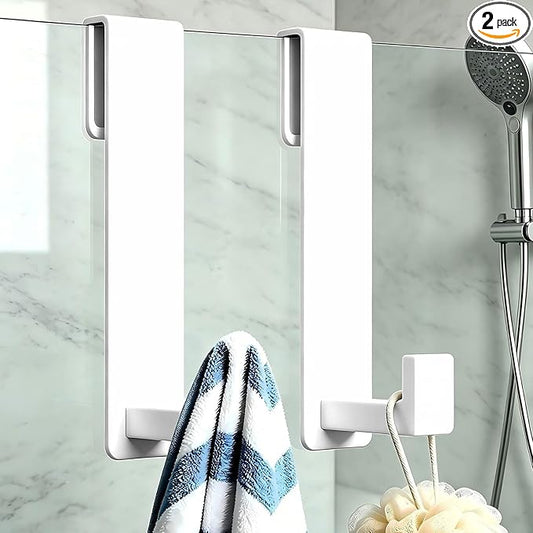 Extended Shower Door Hooks (7.5 Inch), Over Door Hooks for Bathroom, Heavy Duty Stainless Steel Towel Hooks for Frameless Glass Shower Doors, Shower Hooks for Robe (White, 2-Pack)