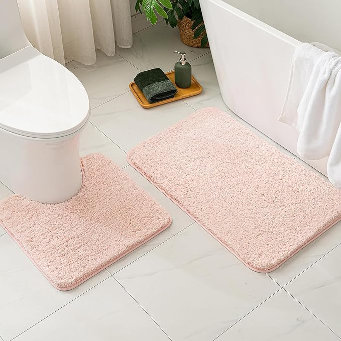 MIULEE Blush Bathroom Rugs Set 2 Piece Soft Bath Mats 20x20+16x24 Inch | Absorbent Microfiber Bath Mat and U-Shaped Toilet Rug, Non Slip, Quick Dry, for Bathroom Floor Tub Showers, Machine Washable