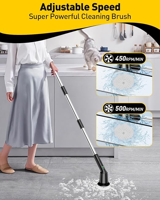 Electric Spin Scrubber for Bathroom, Shower Scrubber with Long Handle | Shower Cleaner Brushes, IPX7 Waterproof & 2 Speed, 3 Brush Heads, 90min Runtime, Bathroom Cleaning Supplies for Toilet Tub