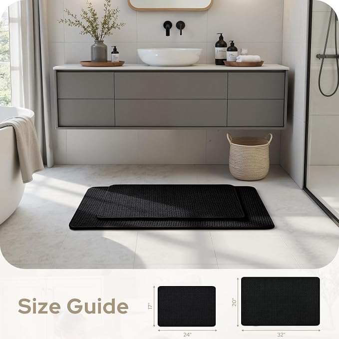 HOMEIDEAS Bathroom Rugs Set 2 Piece Thin Non Slip, Black 17"x24"+20"x32" | Quick Dry Absorbence Bath Mats, Soft Chenille, Low Profile Fits Under Doors, Ideal for Bathtub, Shower, Elderly and Pets