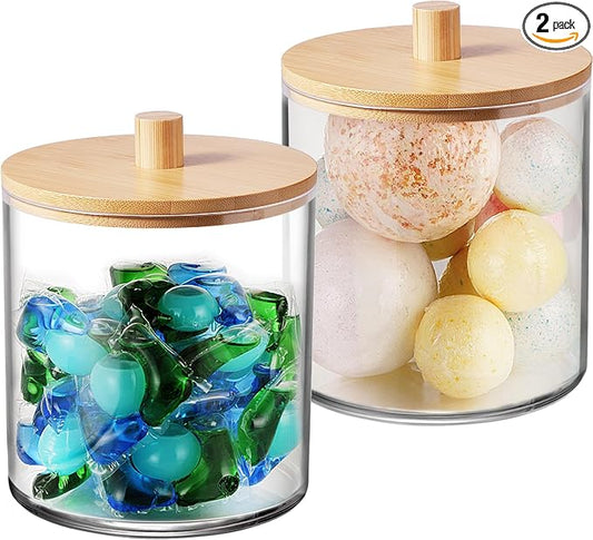 SheeChung 2 Pack 50oz Large Apothecary Jar with Natural Bamboo Lid - Shatterproof Laundry Pods Container for Laundry - Clear Plastic Storage Canister for Scent Beads & Bath Salts with Labels & Spoon