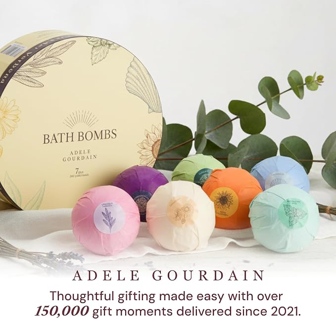 XXXL Bath Bombs for Women, 7pc, Birthday Gifts for Women by AdeleGourdain | Bathbombs Bath Gift Set for Women - 7 Spa Scents - Gift Box Included - Non-Staining - Bubble Bathbombs for Adults - Large 7oz