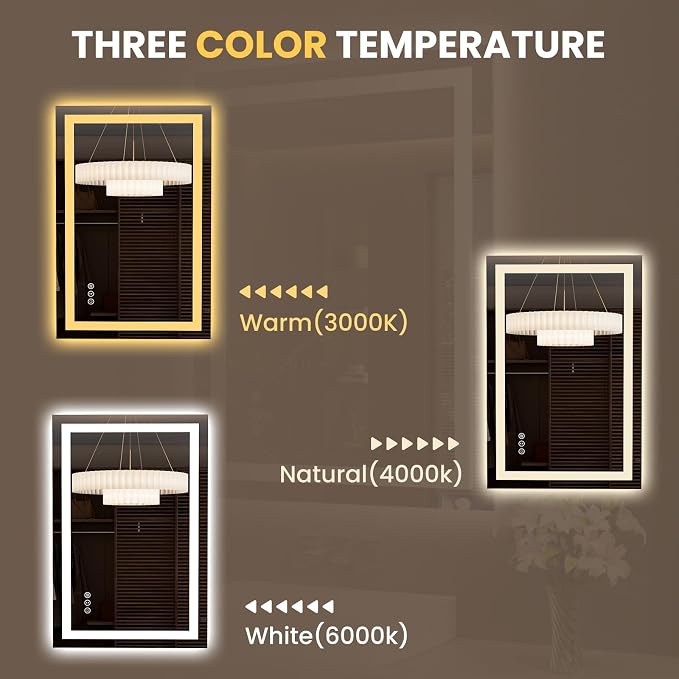 LOAAO 23.6"x35.4" LED Bathroom Mirror with Lights, UL Listed | Anti-Fog, Dimmable, 3 Color Temperature, Backlit + Front Lit, Memory Function, Tempered Glass