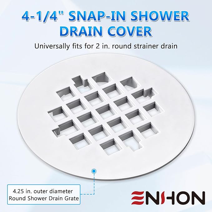 Enhon 2 Pack 4-1/4 Snap in Shower Drain Cover, Round Strainer Drain Grid, Bathroom Shower Grate Cap Replacement for Hair Catcher (White,PVC Plastic)