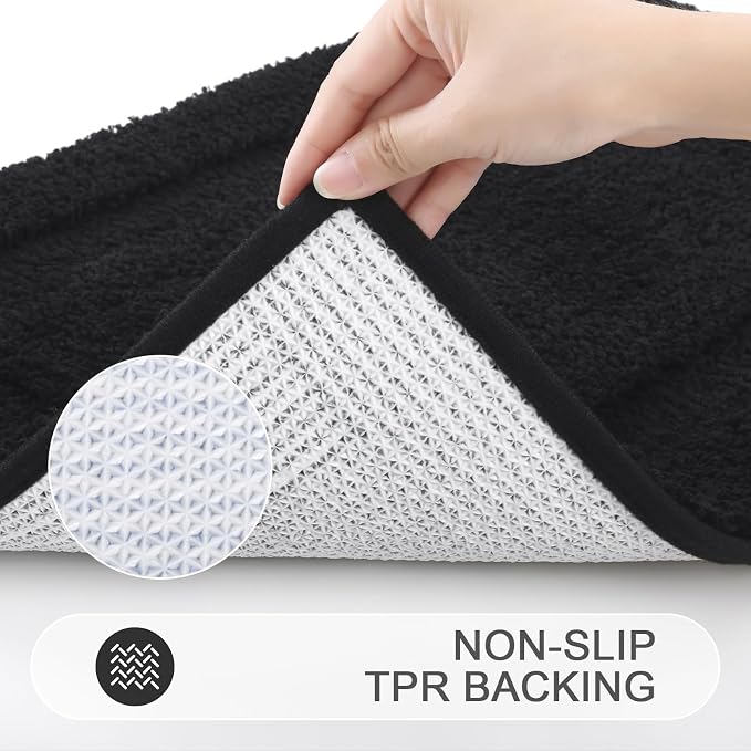 SHACOS Soft Microfiber Bathroom Rugs Set of 2 Pieces, Black | 47x20 + 32x20, Absorbent Plush Bath Rugs, Non Slip Washable Shaggy Bath Mats, Fluffy Bathroom Runner Floor Mats Shower Rug