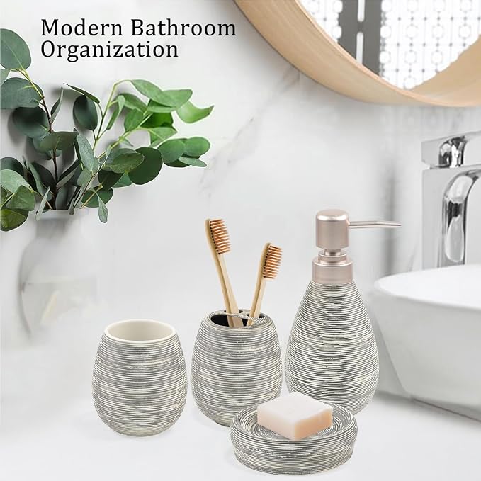 CERBIOR Bathroom Accessories Set,4 PCS Ceramic Bath Accessory,Grey | Includes Toothbrush Holder, Toothbrush Cup, Soap Dish for Decorative Countertop and Housewarming Gift