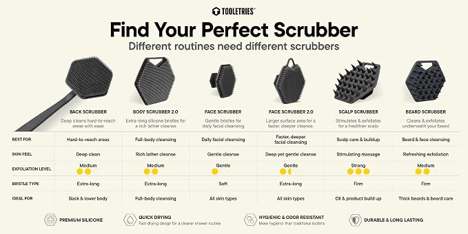 TOOLETRIES Silicone Back Scrubber for Shower, Bath Brush - Glacier | Long ergonomic handle and non-slip grip make exfoliating hard-to-reach areas simple and comfortable.