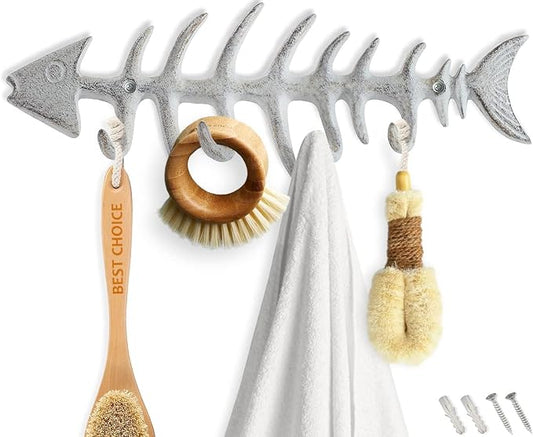 Comfify Antique White Fish Bones Cast Iron Wall Hook Rack – 4 Hooks, Screws | Antique White; fish bones cast iron; 9.05"L x 3.34"H; 4 hooks; screws & anchors included; coastal decor