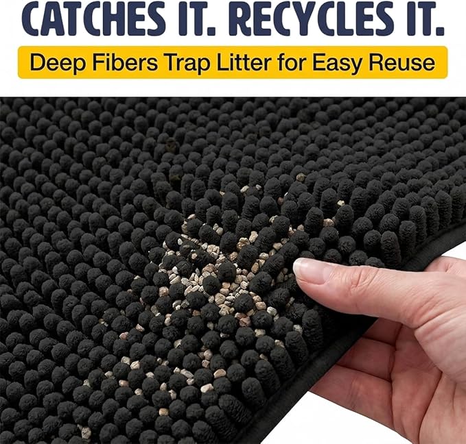 Muddy Mat® | Cat Litter Mat 24"x36", Litter Trapping Mat, Super Absorbent Scatter Control, Soft on Paws, Slip Resistant Washable Kitty Litter Mat, Traps Litter, Protects Floors, Black