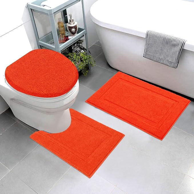 SHACOS Microfiber Bathroom Rugs Sets 3 Piece, Extra Soft Absorbent | Non Slip Bath Rugs Machine Washable Dry Shaggy Bath Mats with Toilet Lid Cover for Bathroom Floor, Tub and Shower (Orange)