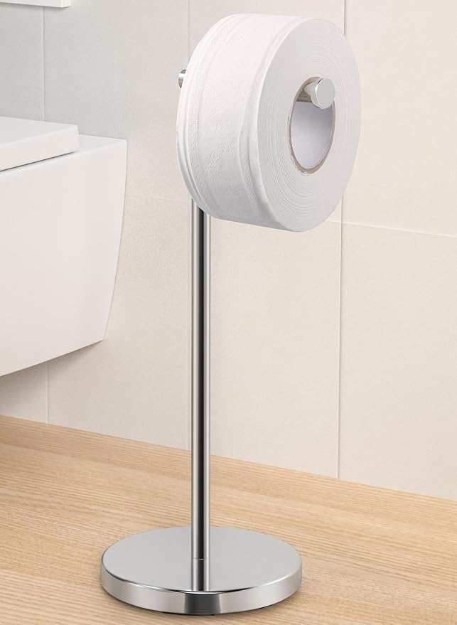 KES Freestanding Toilet Paper Holder with Weighted Base, Polished Silver | 304 Stainless Steel, Cement-Filled Base, Anti-Slip Pad, 20.2" H, Fits All Roll Sizes, Easy 1-Min Assembly