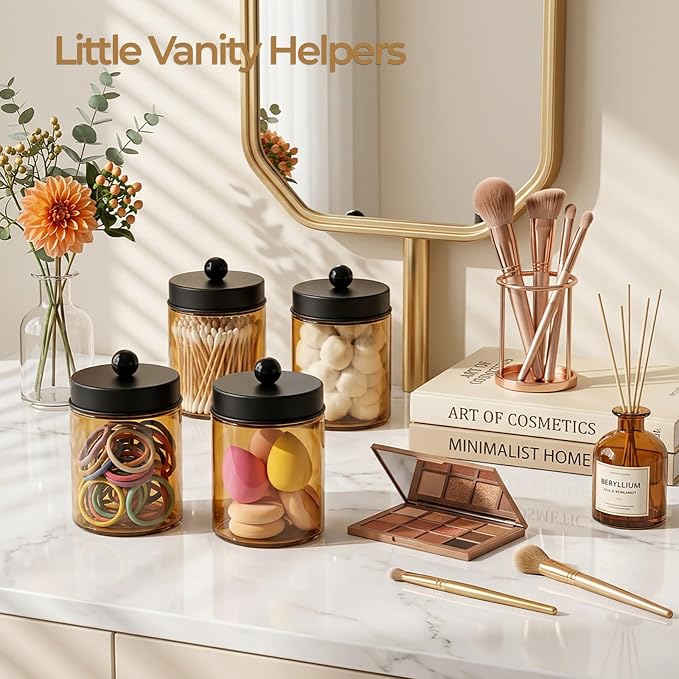 Amolliar 2Pc Glass Qtip Dispenser Holder Bathroom Vanity Storage Organizer Set -Countertop Canister with Metal Lids &Stickers Apothecary Jars for Cotton Swab, Floss Picks(Amber-black Lid)