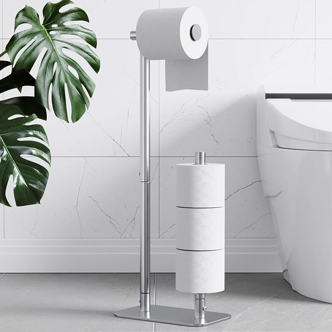 Kitsure Toilet Paper Holder Stand, Bathroom Storage, Medium, Silver | Large Capacity Toilet Paper Holder for 4 Rolls, Rustproof Toilet Paper Holder Free Standing, with Non-Slip Stable Base