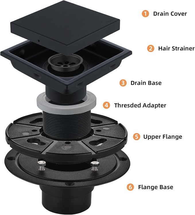 4-Inch Square Shower Drain, Matte Black Floor Drain with Flange, 304 Stainless Steel Bathroom 2-in-1 Tile Drain