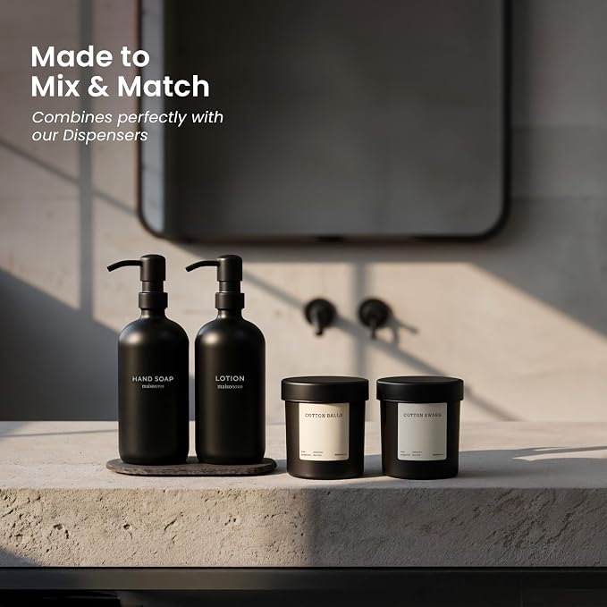 MaisoNovo Glass Bathroom Containers with Lids (Airtight) - Qtip Holder - Apothecary Jars for Cotton Rounds, Swabs, Balls, Pads - Black Q Tip Dispenser - 2 pcs Bathroom Canisters Set for Organization