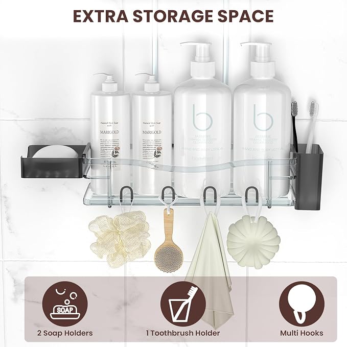 Rustproof Shower Caddy Hanging with Soap Holders for Bathroom, Grey | Shower Organizer with Multi Hooks Toothbrush Holder, No Drilling, Anti-Swing, Storage for Shampoo Conditioner Body Wash
