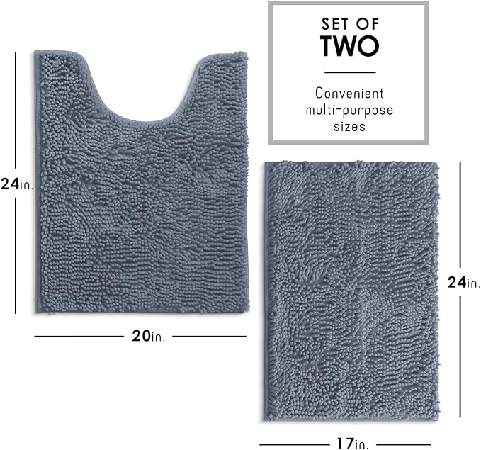 Hearth & Harbor Bathroom Rugs, Chenille Bath Mat - Machine Washable Bath Mats for Bathroom Non-Slip Backing Rubber, Quick Dry Bathroom Mat, 17 x 24 + 20 x 24 - Stone Blue