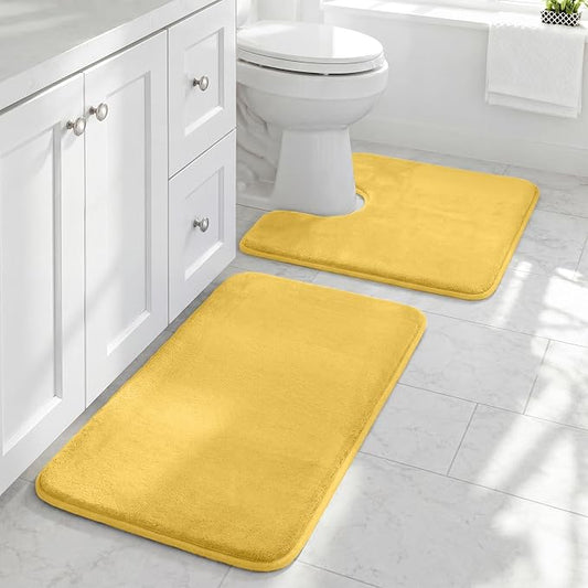 Bathroom Rugs Sets 2 Piece, Non-Slip & Quick Dry Bath Mat Set, Ultra Soft Velvet Bath Rugs for Bathroom, Toilet and Shower Floor, Yellow