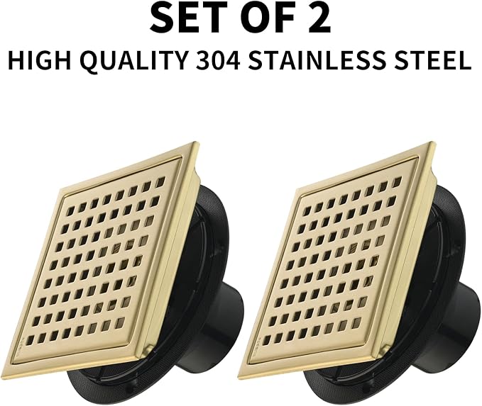 6 Inch Set of 2 Shower Drain 304 Stainless Steel ， Brushed Gold Square Shower Floor Drain Kit with Flange, Removable Cover Grille, Hair Filter for Bathroom, Kitchen, Balcony
