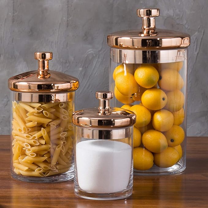 MyGift Glass Apothecary Cookie Jar Set with Copper Lid | Decorative Kitchen and Bath Storage Canisters, Wedding Centerpiece Jars, Candy Buffet with Lids
