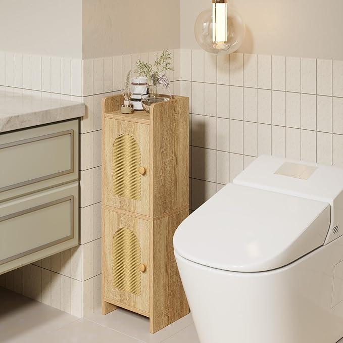 IBUYKE Small Bathroom Storage Cabinet with Rattan Door, Narrow Toilet Paper Storage Holder,Floor Cabinet with Adjustable Shelves, Space-Saving Organizer for Toiletries UWBS001N