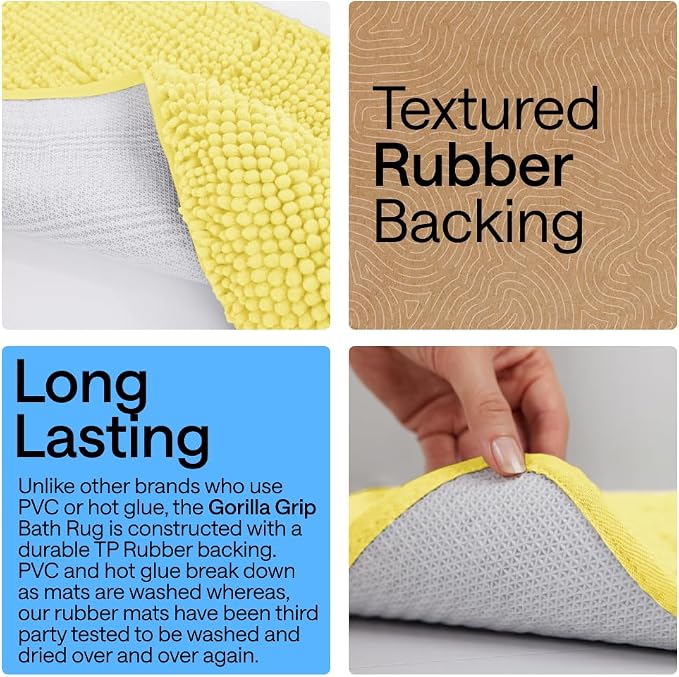 GORILLA GRIP Bath Rug Mat for Bathroom, Absorbent Chenille, 36x24 Yellow | Soft Thick Quick Dry Microfiber Mats, Rubber Backing, Machine Washable Tub and Shower Floor Rugs, Home Decor Essentials