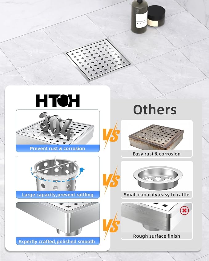 6 Inch Shower Drain, Modern 304 Stainless Steel Square Shower Drain for Bathroom, Brushed Nickel Shower Floor Drain with Grate Removable, Hair Strainer
