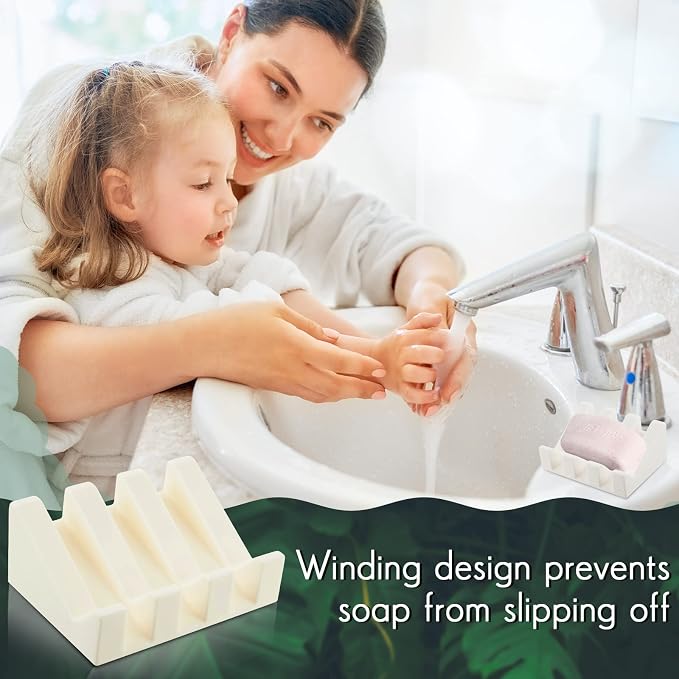 Cunhill 2 Pieces Silicone Soap Dish Self Draining Soap Dish Shower Waterfall Bar Soap Holder Tray with Drain Soap Saver for Kitchen Bathroom Accessories (Cream White)