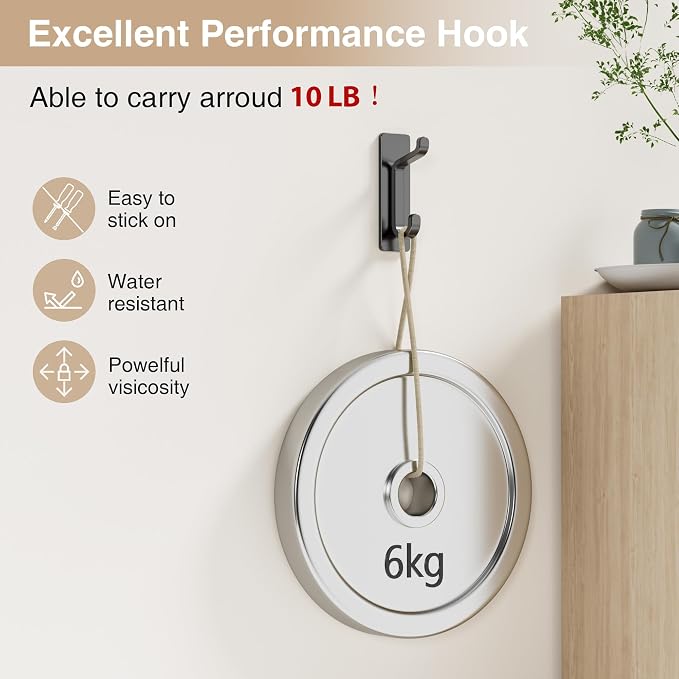 6 Pack Self Adhesive Wall Hooks for Hanging: Extra Strong 13 LB, Hook for Coat, Towel in Bathrooms, Shower, Kitchen, Wall, Door Hook, Black