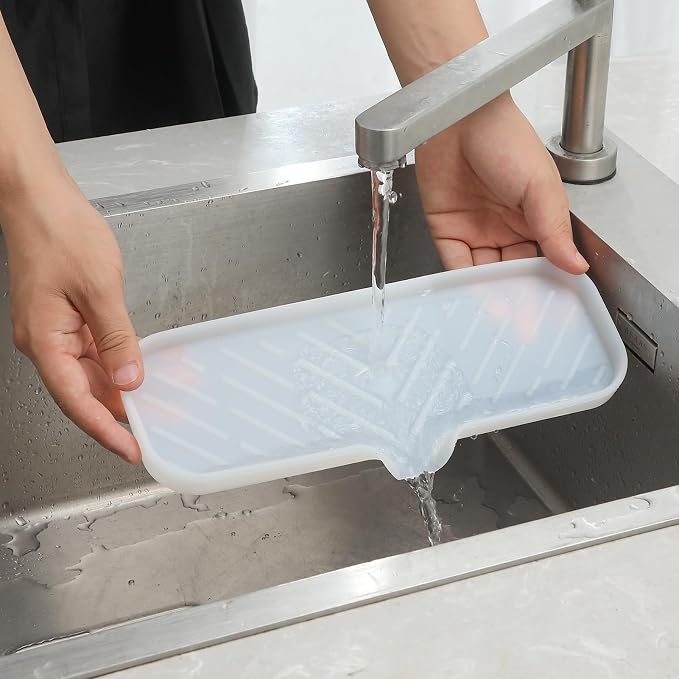 MicoYang Silicone Soap Dish with Drain Spout — Self-Draining Double Sink Organizer Tray for Kitchen & Bath, Dispensers, Sponges & Soap Holder, Non-Slip & Dishwasher Safe, Translucent (Large, 12"×4")