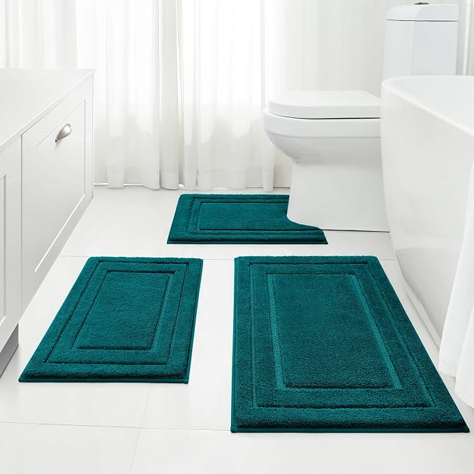 HOMEIDEAS Atlantic Blue Bathroom Rugs Set of 3, Non Slip Bath Runners | Super Absorbent, Plush Microfiber, Machine Washable, Stain Resistant, Easy Care, Perfect for Modern Bathroom Decor