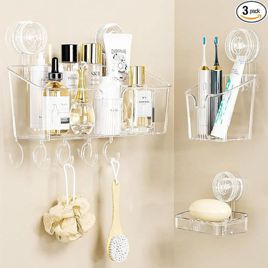 LUXEAR Suction Cup Shower Caddy Clear - Shower Caddy+Soap Dish+Toothbrush Holder - 1 Second Installation NO-Drilling Removable Powerful Waterproof Shower Organizer for inside Shower Bathroom