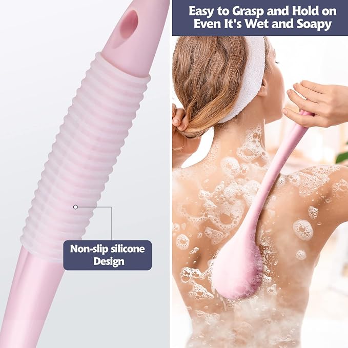 BEDELITE Back Scrubber for Shower, Long Handle 16.4 Inches, Pink, 1 Pack | Soft Back Brush for Shower, Exfoliating Scrubber, Non-Slip Curved Long Handle Bath Brush, Wet or Dry Use for Back Cleaning