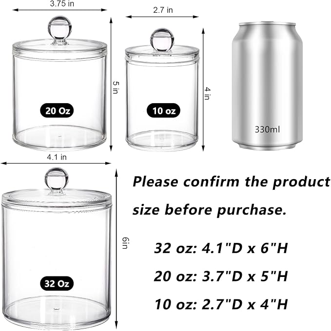 YOUEON 6 Pack Acrylic Apothecary Jars with Lids, 32/20/10 Oz Clear Cotton Ball & Pad Holder, Bathroom Canister Candy Jar for Bath Salt, Cotton Pads, Candies