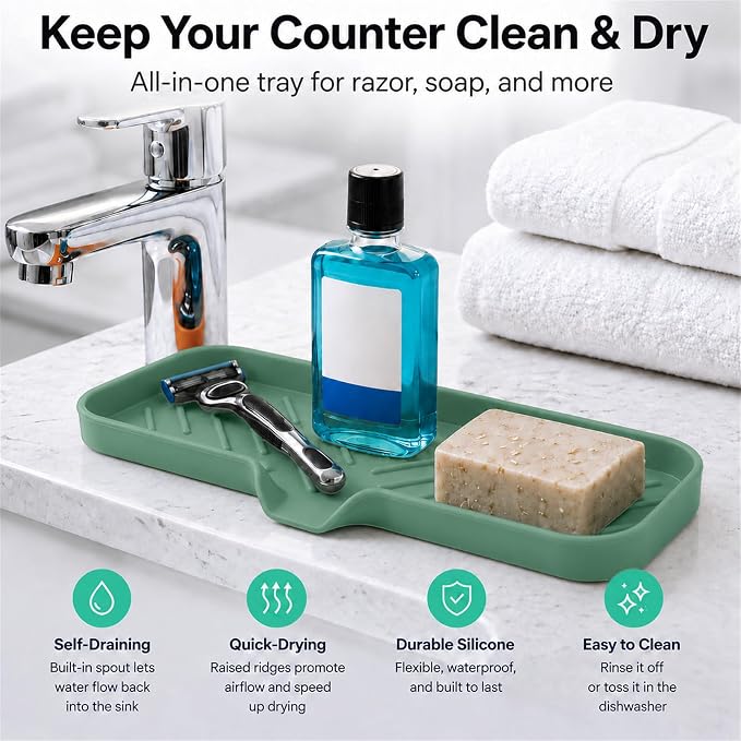 MicoYang Silicone Soap Dish with Drain Spout — Self-Draining Double Sink Organizer Tray for Kitchen & Bathroom, Dispensers, Sponges & Soap Holder, Non-Slip & Dishwasher Safe, Green (Large, 12"×4")
