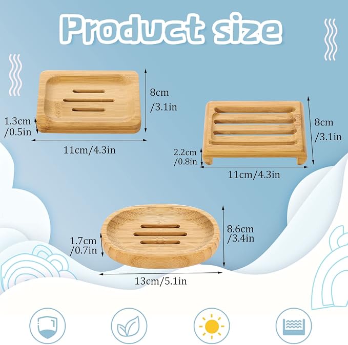 Pimoys 12 Pcs Bamboo Soap Dishes, Wooden Soap Tray, Shampoo Bar Holder, Bar Soap Holder for Bathroom, Kitchen (3 Size)