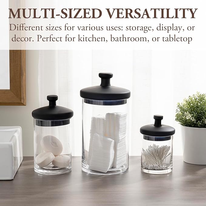 MyGift Glass Apothecary Jars with Black Lids, Set of 3 Storage Canisters | Decorative glass apothecary jars with black lids provide stylish storage for kitchens, bathrooms, candy buffets, and events