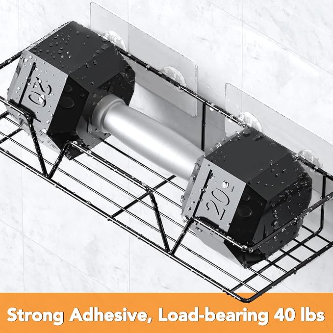Shower Caddy Organizer Shelf with Paper Towel Holder, Adhesive Black Bathroom Storage Basket with Hooks, Rustproof Stainless Steel Kitchen Spice Racks, No Drilling Wall Mount, 3 Pack
