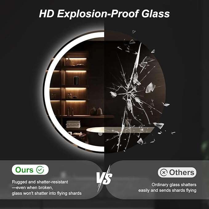 DUMOS 36 Inch Round LED Bathroom Mirror with Lights, Circle Vanity Mirror | Anti-Fog, Dimmable, 3-Color Light, Front Light and Backlit, Memory Function, Tempered Glass