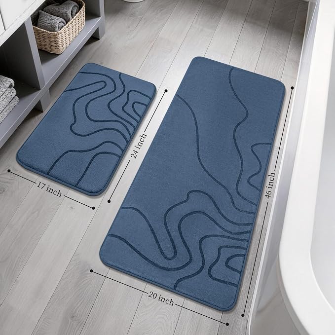 YIHOUSE Memory Foam Bathroom Rugs Sets 2 Piece, 17"x24"+20"x46", Dusty Blue | Ultra Soft, Extra Thick Bath Mat, Absorbent, Non-Slip, Machine Washable, For Tub, Shower & Home Decor Accessories