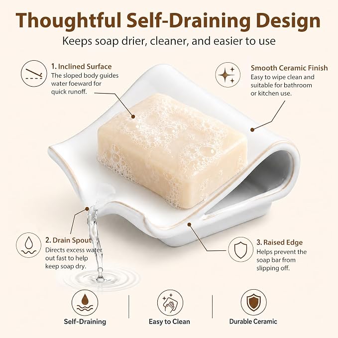 Zoeeker Soap Dish for Shower, Ceramic Self-Draining Bar Soap Holder | Soap Tray with Drainage Rectangular Bar Soap Saver Sponge Holder for Bathroom, Kitchen, Sink Organizer Tray Keep Dry, White