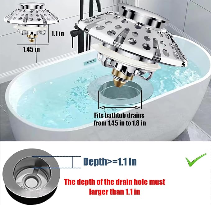 AzWzz Bathtub Drain Stopper,Pop Up Tub Stopper Plug with Hair Catcher Cover | All-metal, Universal for 1.45 in to 1.8 in Tub Drain, Brushed Nickel