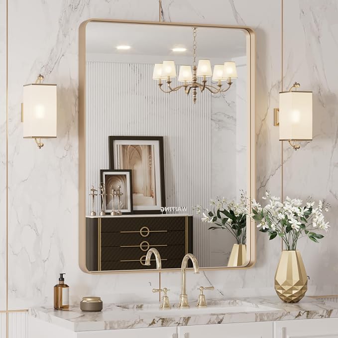 LOAAO 20"X30" Gold Bathroom Mirror | Rounded Rectangle, Brushed Gold Frame, Wall-Mounted, Anti-Rust, Hangs Horizontally or Vertically