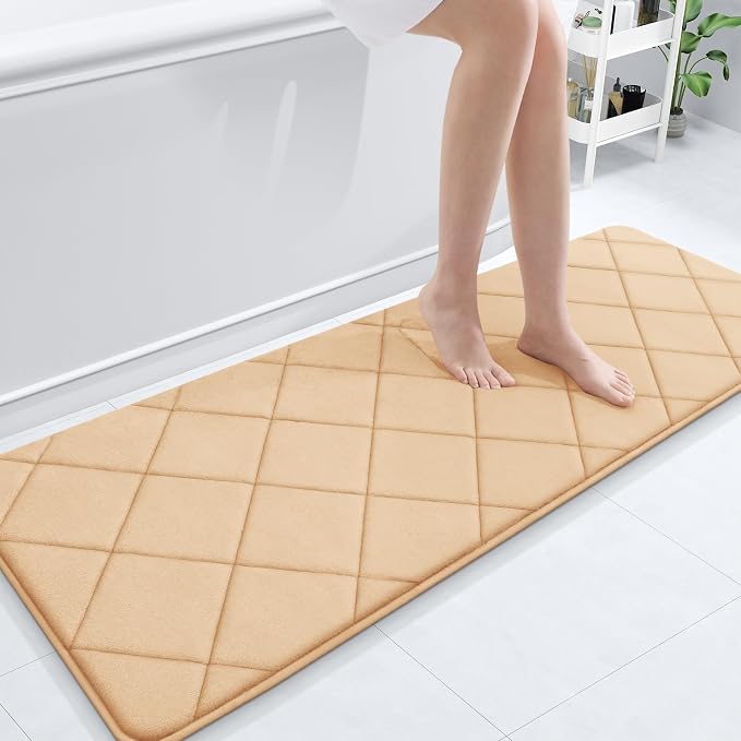 OLANLY Memory Foam Bath Mat 59x20, Ultra Soft and Absorbent Bathroom Rugs | Beige, Quick Dry, Machine Washable Shower Bath Rugs, Comfortable Bath Carpet for Bathroom Floor, Tub and Shower