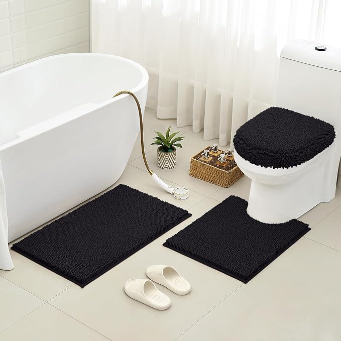 HOMEIDEAS 3 Pieces Black Bathroom Rugs Set, Ultra Soft Non Slip Bath Rug and Absorbent Chenille Bath Mat, Includes U-Shaped Contour Rug, Bath Mat and Toilet Lid Cover, Perfect for Bathroom, Tub