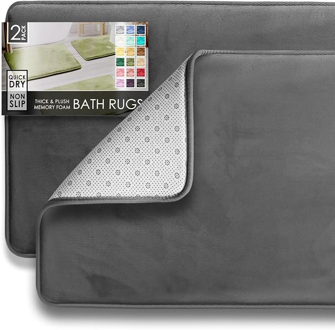 Clara Clark 2 Piece Bathroom Rugs Bath Mat Set, Velvet Memory Foam Bath Mats for Bathroom - Non-Slip, PVC Backing Bath Rugs, Washable - Dries Quickly, Grey