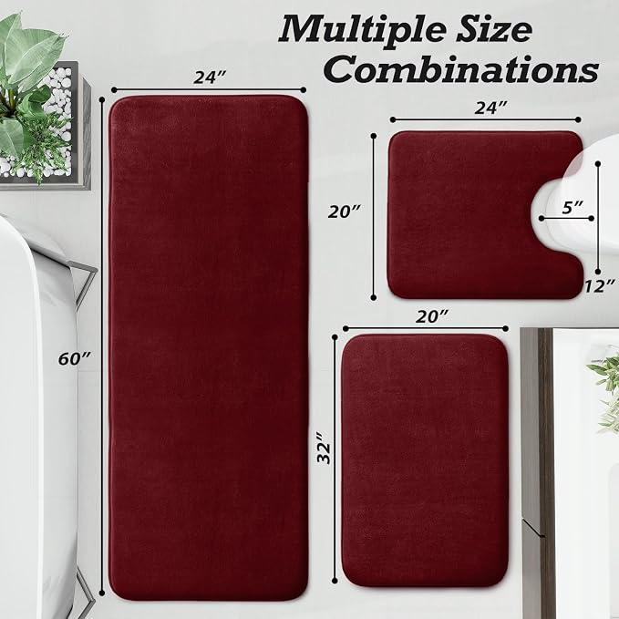 Bathroom Rugs Sets 3 Piece, Non-Slip & Quick Dry Bath Mat Set, Ultra Soft Velvet Bath Rugs for Bathroom, Toilet and Shower Floor, Red