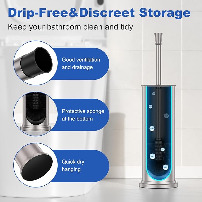 304 Stainless Steel Heavy Duty Toilet Bowl Brush，Removable Inner Bowl and Splash Protection，Bathroom Toilet Brush-Dense Bristles for Through Cleaning